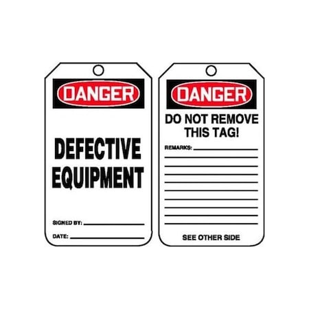 Accuform Safety Tags, DANGER DEFECTIVE EQUIPMENT, 5.75in x 3.25in, RP-Plastic, 25PK MDT229PTP
